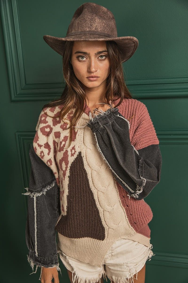BiBi Mixed Pattern Raw Edge Denim Sleeve Sweater Top