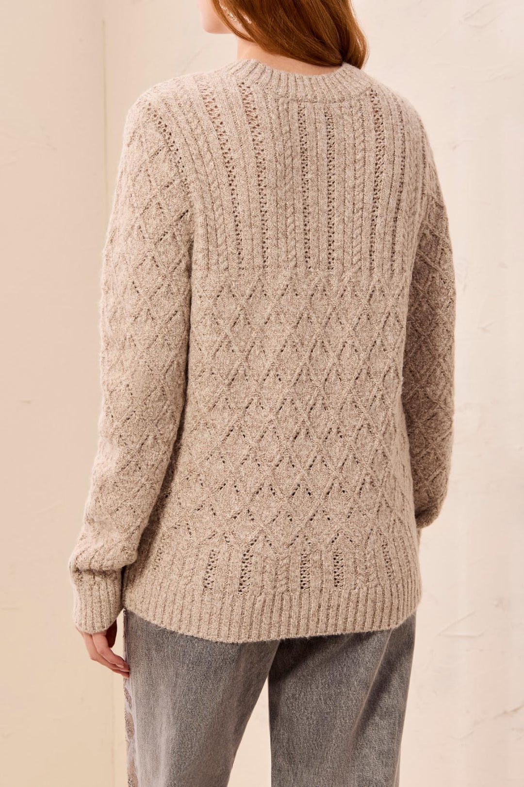 Tribal Longsleeve Crewneck Sweater with Cables Detail and Shimmer