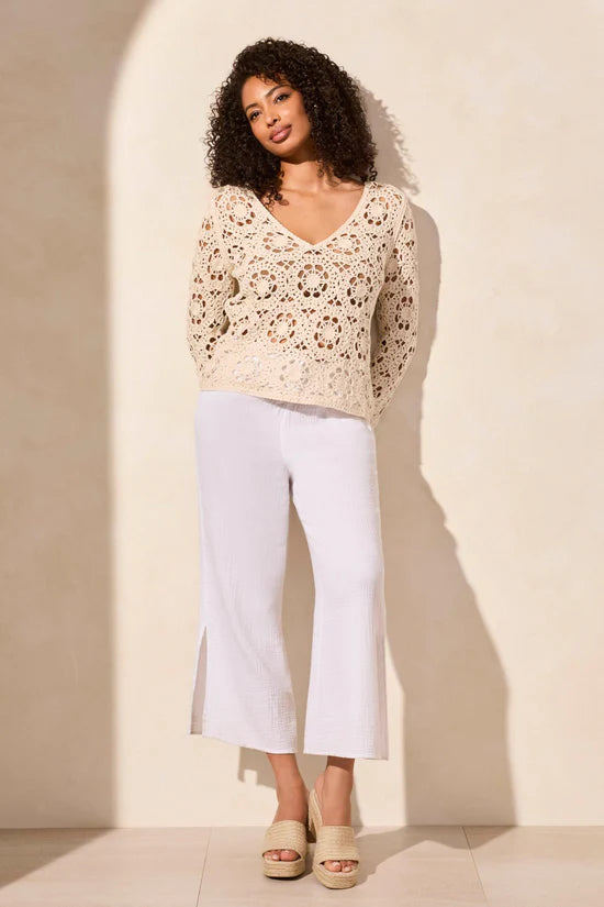 Tribal Crochet Bell Sleeve V-Neck Cotton Sweater