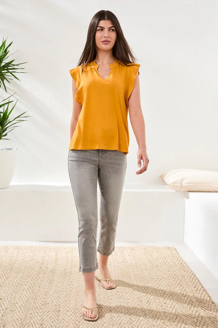 Tribal Ruffle-Sleeve V-Neck Mixed Media Top