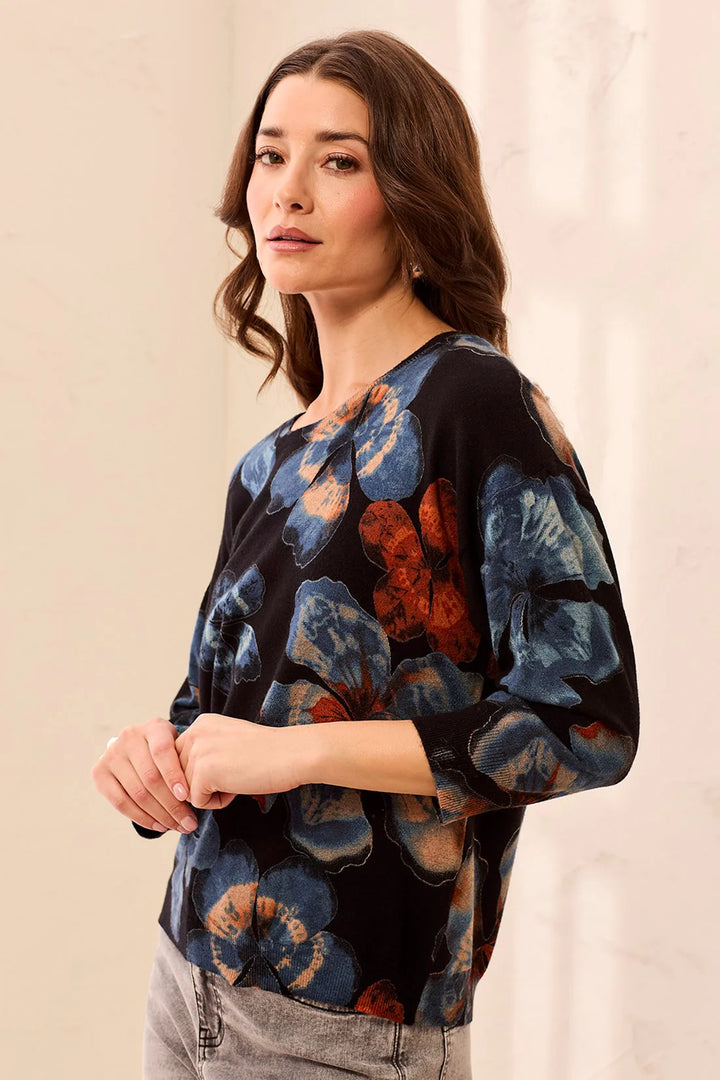 Tribal Soft Yarn Three-Quarter Sleeve Crewneck Sweater