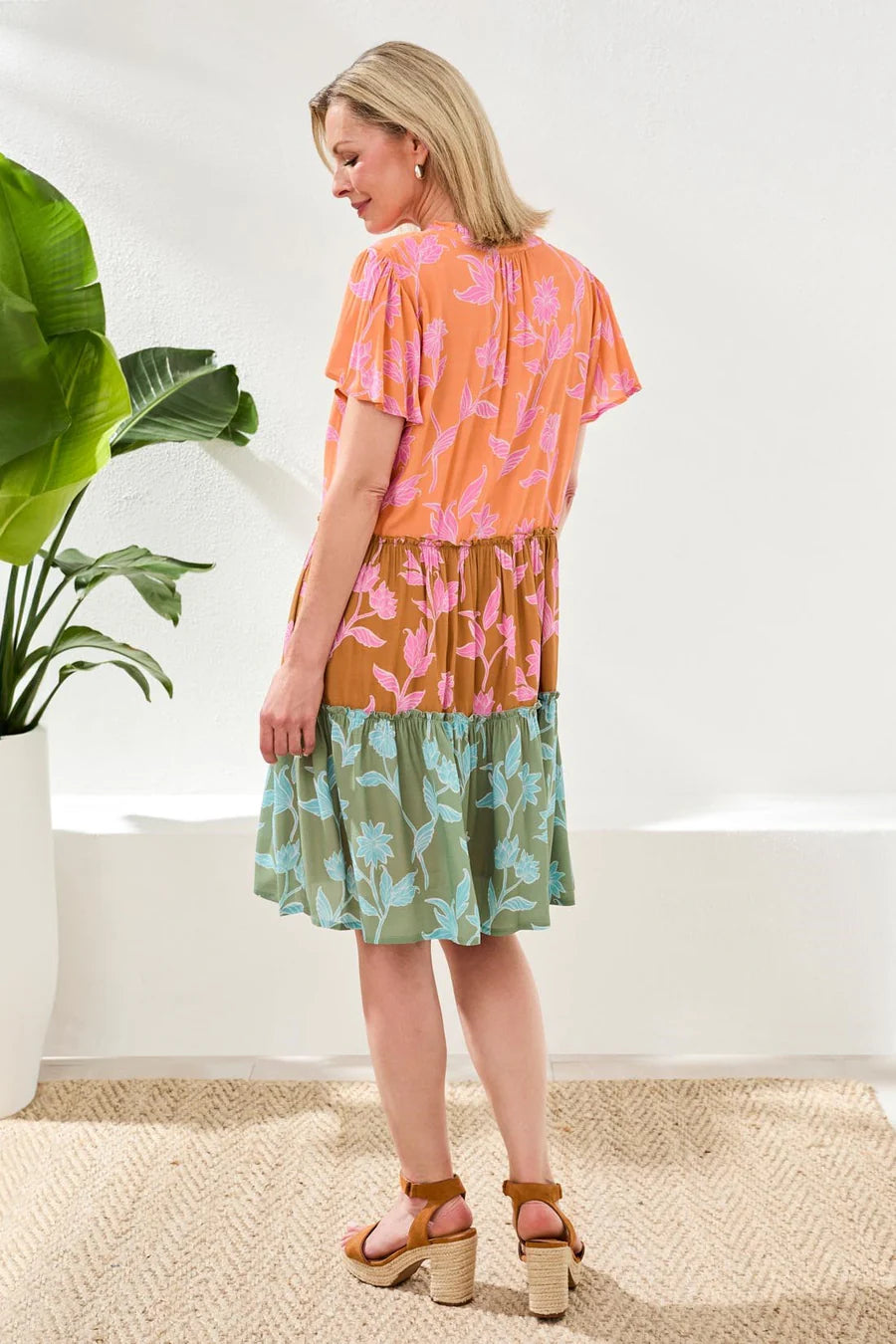 Tribal Short Sleeve Tiered Dress with Lining
