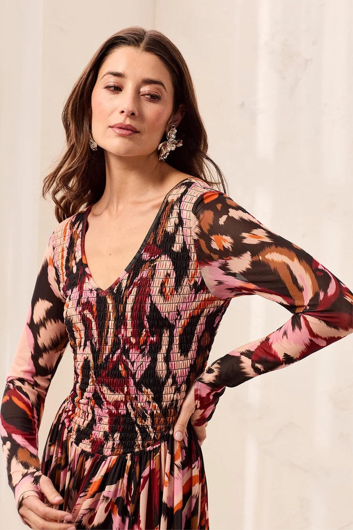 Tribal Wear 2 Ways Smocked Mesh Maxi Dress