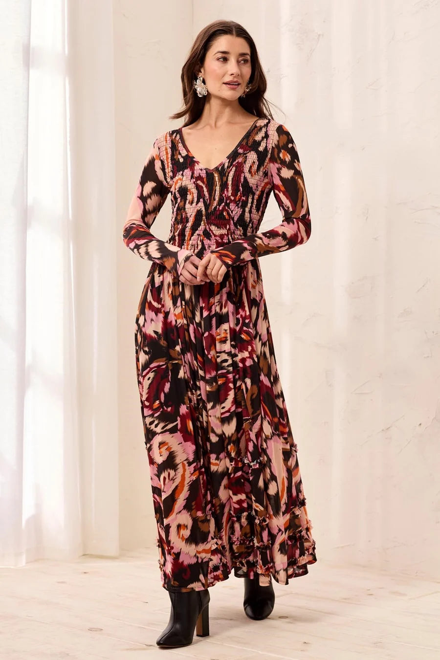 Tribal Wear 2 Ways Smocked Mesh Maxi Dress