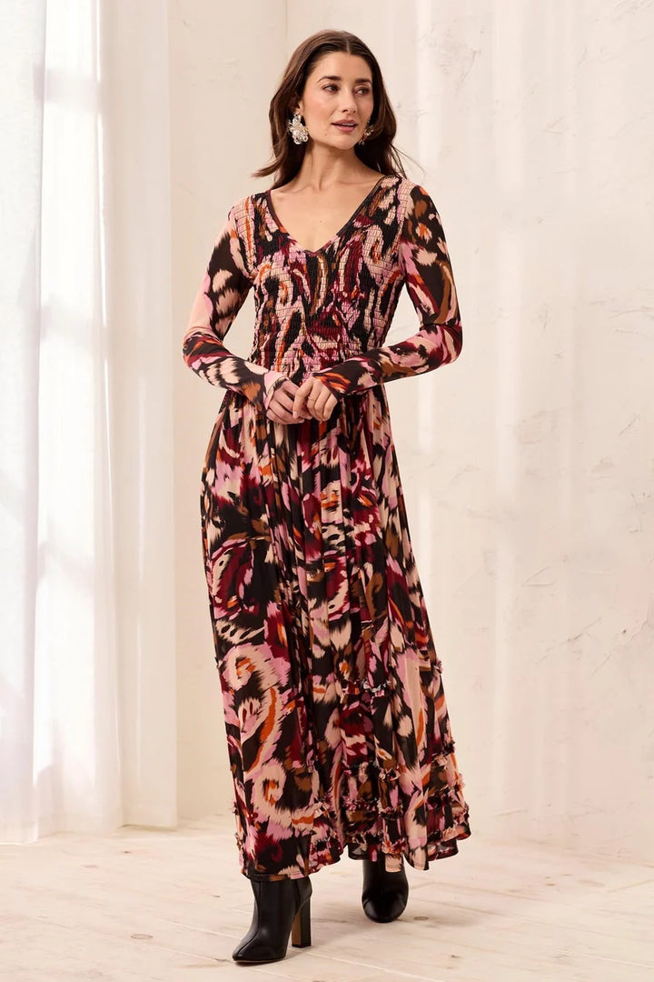 Tribal Wear 2 Ways Smocked Mesh Maxi Dress